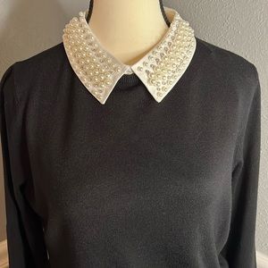 NWT Sioni Black and White Crew Neck Sweater with Pearl Embellished Collar
